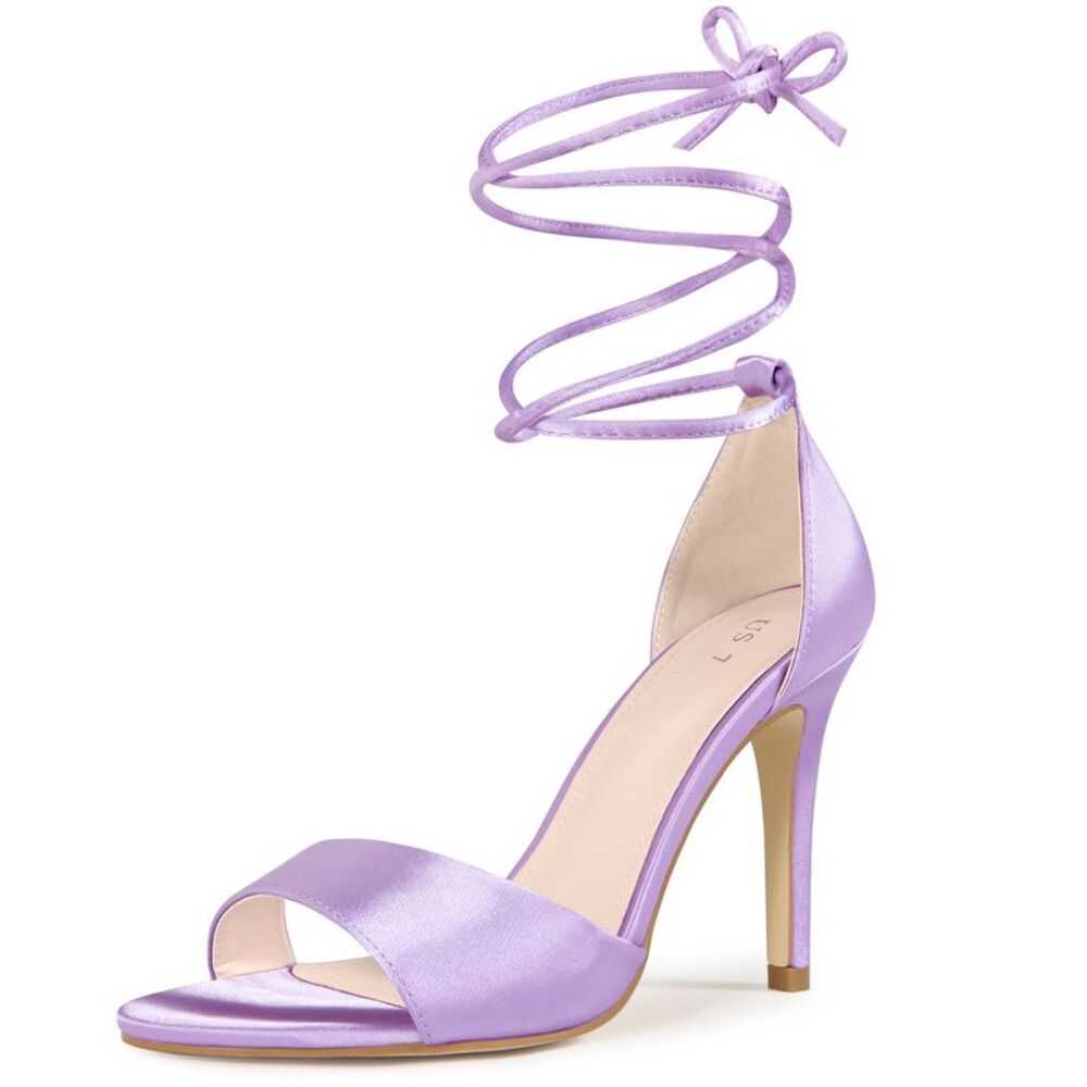 Lace Up Satin Heel Stiletto Heel Sandals Lavender